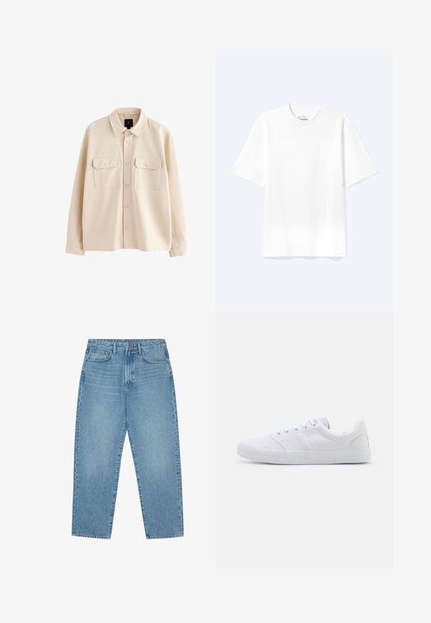 Cazadora camisa beige de manga larga con cuello, cierre de botones y dos bolsillos en el pecho con solapas y botones.; Camiseta lisa blanca de manga corta y cuello redondo con un corte relajado, mostrada sobre un fondo claro.; Pantalones vaqueros de mezclilla azul claro con corte de pierna recta, diseño de cinco bolsillos y textura ligeramente desgastada. Cuentan con cierre de botón y cremallera.; Zapatillas de lona blancas con suela de goma, que cuentan con seis ojales, una puntera texturizada y un diseño minimalista.
