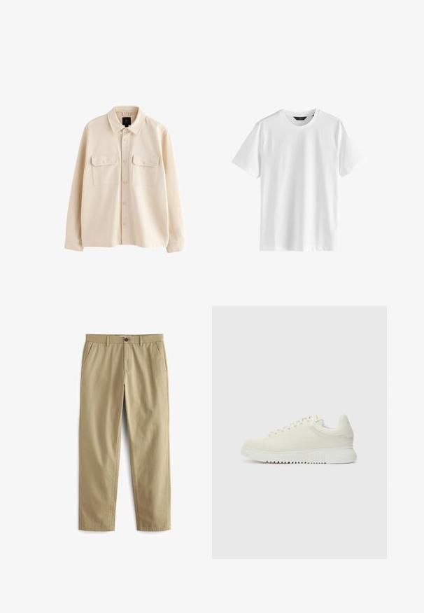 Veste-chemise beige à manches longues avec col, fermeture boutonnée à l'avant et deux poches poitrine à rabat avec boutons.; T-shirt en coton blanc à manches courtes avec un col rond. Texture lisse, design simple, sans motifs ni accents visibles.; Pantalon beige en mélange de coton, doté d'une fermeture à bouton, de deux poches avant et de jambes droites avec une texture minimale.; Baskets blanches en cuir avec un dessus texturé, bout rond, semelle plate blanche et lacets ton sur ton. Marque discrète sur la languette.