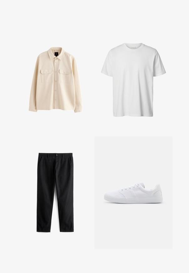 Beige overhemdjas met lange mouwen, kraag, knoopsluiting aan de voorkant en twee borstzakken met klep en knopen.; Eenvoudig wit T-shirt met korte mouwen en ronde hals, losse pasvorm en zonder zichtbare logo's of ontwerpen aan de voorkant.; Zwarte broek van duurzaam materiaal, met twee voorzakken, een knoopsluiting, een platte voorkant en een recht gesneden pijp.; Witte canvas sneakers met een rubberen zool, voorzien van zes oogjes, een gestructureerde neuskap en een minimalistisch ontwerp.
