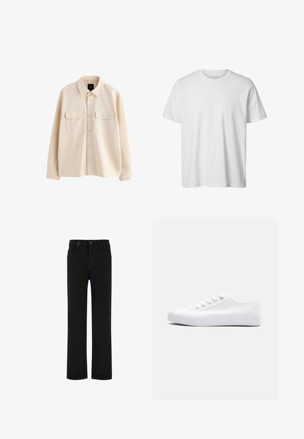 Beige langærmet skjortejakke med krave, forside med knapper og to brystlommer med klapper og knapper.; Enkelt hvid T-shirt med korte ærmer og rund hals, løs pasform og uden synlige logoer eller designs foran.; Sorte denimbukser med lige ben design, der har en knaplukning, bælteløjfer og forlommer. Glat tekstur og ensartet farve.; Lavtop hvid lærredsneaker med hvide snørebånd, gummisål og metaløjer, vist fra ydersiden på en ensfarvet baggrund.