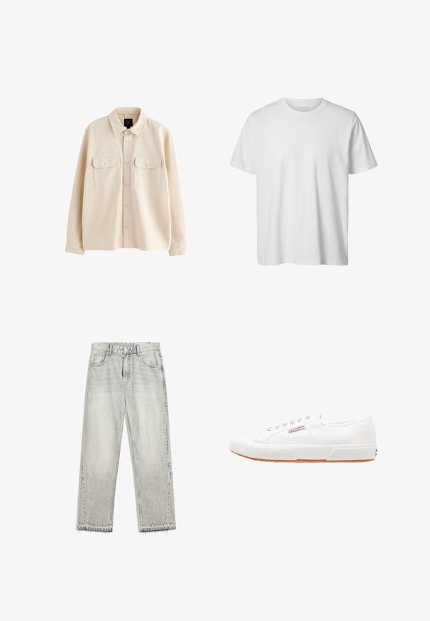 Beige langærmet skjortejakke med krave, forside med knapper og to brystlommer med klapper og knapper.; Enkelt hvid T-shirt med korte ærmer og rund hals, løs pasform og uden synlige logoer eller designs foran.; Lys grå denimjeans med en let falmet finish, lige pasform, fem-lomme design og flosset søm. Flad taljebånd med bælteløkker.; Hvide kanvas sneakers med gummisål, snørebåndsdesign og et lille logo mærke på siden. Tekstureret hvid overdel og brun ydersål.
