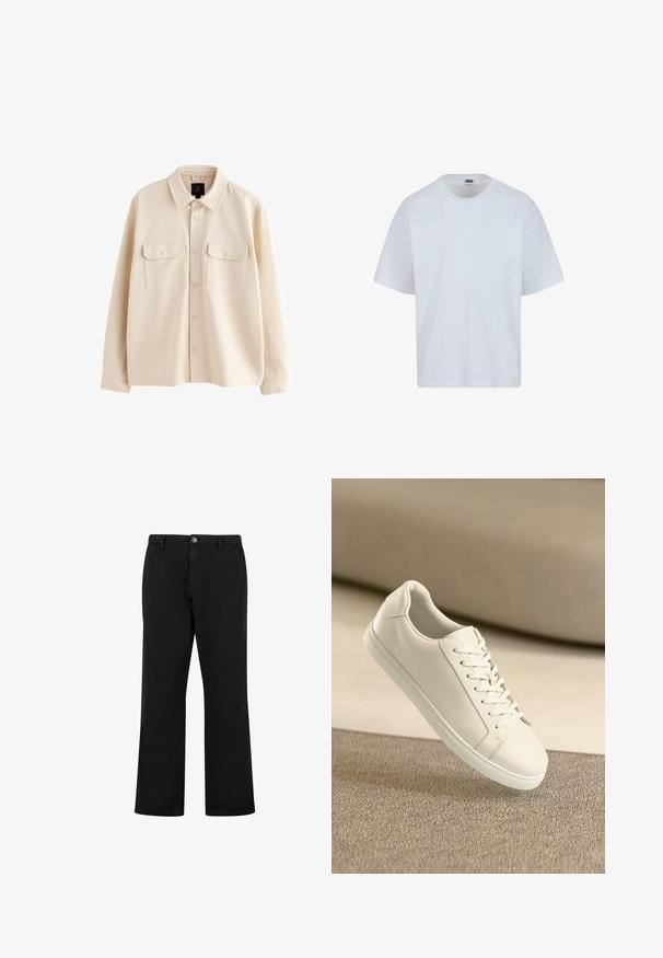 Veste-chemise beige à manches longues avec col, fermeture boutonnée à l'avant et deux poches poitrine à rabat avec boutons.; T-shirt en coton blanc avec un col rond, des manches courtes et une coupe droite. Présente des détails de couture subtils sur les épaules.; Pantalon noir à jambes droites avec fermeture à boutons sur le devant, passants de ceinture et poches latérales, présenté sur fond blanc.; Baskets en cuir blanc avec des lacets blancs, exposées sur une surface beige texturée et avec un arrière-plan flou doux.