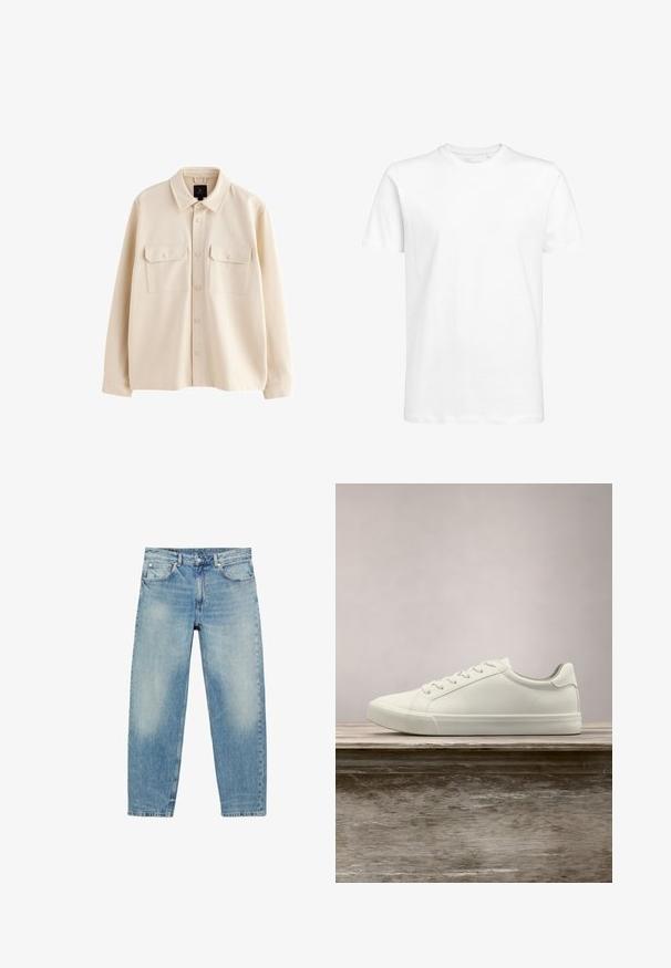Beige overhemdjas met lange mouwen, kraag, knoopsluiting aan de voorkant en twee borstzakken met klep en knopen.; Witte t-shirt met korte mouwen van katoen, met een ronde halslijn en een standaard pasvorm. Eenvoudig ontwerp, zonder patronen of zichtbare accenten.; Jeans met rechte pijpen van blauwe denim, met voorzakken en riemlussen, met lichte vervaagde details op dijen en knieën.; Witte vetersneaker die boven een houten bank zweeft met groene bladeren op de achtergrond, waarbij het ontwerp en de textuur van de schoen worden getoond.