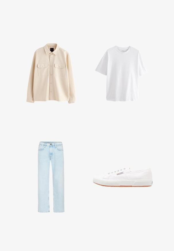 Cazadora camisa beige de manga larga con cuello, cierre de botones y dos bolsillos en el pecho con solapas y botones.; Camiseta blanca lisa de manga corta y cuello redondo con un ajuste relajado sobre un fondo blanco.; Vaqueros azul claro de pierna recta con botón y cremallera delanteros, trabillas para cinturón y bolsillos delanteros sobre un fondo blanco.; Zapatillas de lona blancas con suela de goma, diseño de cordones y una pequeña etiqueta con el logo en el lateral. Parte superior texturizada blanca y suela marrón.