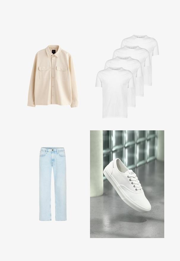 Beige overhemdjas met lange mouwen, kraag, knoopsluiting aan de voorkant en twee borstzakken met klep en knopen.; Witte katoenen T-shirts, korte mouwen, ronde halslijn, gladde textuur, vier stuks gestapeld met een consistent ontwerp en zonder patronen of accenten.; Lichtblauwe jeans met rechte pijpen, knoop en rits aan de voorkant, riemlussen en voorzakken op een witte achtergrond.; Witte lage canvas sneaker met veters, met label Tommy Hilfiger, getoond zwevend boven een gladde grijze vloer nabij een muur van glasblokken.