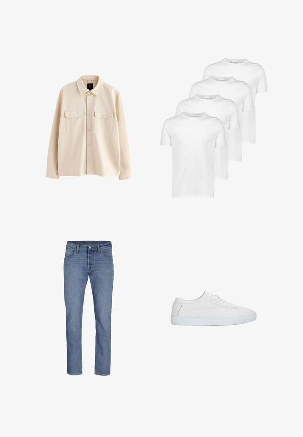 Beige langärmelige Hemdjacke mit Kragen, Knopfleiste vorne und zwei Brusttaschen mit Klappen und Knöpfen.; Weiße Baumwoll-T-Shirts, kurze Ärmel, runder Ausschnitt, glatte Textur, vier Stück gestapelt mit einheitlichem Design und ohne Muster oder Akzente.; Hellblaue Jeans aus Denim mit geradem Bein, fünf Taschen und einem vorderen Knopfverschluss mit kontrastierenden Nähten.; Weißer niedriger Sneaker mit Schnürdesign, glattem Lederobermaterial und flacher Gummisohle, seitlich auf weißem Hintergrund dargestellt.