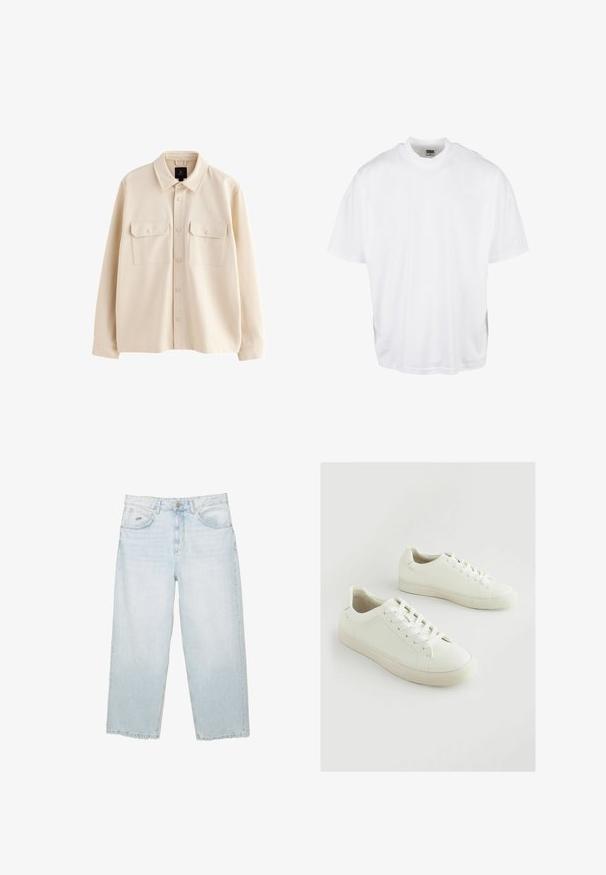 Beige overhemdjas met lange mouwen, kraag, knoopsluiting aan de voorkant en twee borstzakken met klep en knopen.; Witte katoenen t-shirt met een relaxte pasvorm, korte mouwen en een ronde halslijn, met een rechte zoom en geen zichtbare grafische afbeeldingen of patronen.; Lichtblauwe hoge taille straight-leg jeans met een knoop aan de voorkant, zakken en een klein gemerkt metalen label op de rechter voorkzak.; Witte sneakers van gestructureerd synthetisch materiaal, met een ronde neus, veterontwerp en een licht verhoogde rubberen zool.