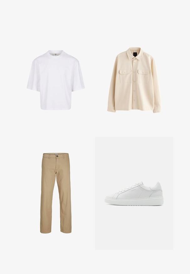 Beige overhemdjas met lange mouwen, kraag, knoopsluiting aan de voorkant en twee borstzakken met klep en knopen.; Witte, kortekorte t-shirt met een ronde hals en een ontspannen pasvorm, gemaakt van een zachte katoenmix. Geen patronen of versieringen.; Beige rechte broek met knoopsluiting, ceintuurlussen en voorzakken, afgebeeld tegen een witte achtergrond.; Witte lederen sneaker met een gladde textuur, ronde neus, laag profiel ontwerp en subtiele branding aan de zijkant. Gevoerde kraag en veters.