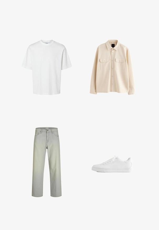 Veste-chemise beige à manches longues avec col, fermeture boutonnée à l'avant et deux poches poitrine à rabat avec boutons.; T-shirt blanc uni à manches courtes, col rond et coupe décontractée, présenté sur un fond blanc.; Jeans droits gris clair avec un design classique à cinq poches, fermeture à bouton et passants de ceinture. Fabriqués en tissu denim avec une texture lisse.; Baskets basses blanches avec lacets, dessus en cuir lisse et semelle extérieure en caoutchouc plate, vues de côté sur fond blanc.