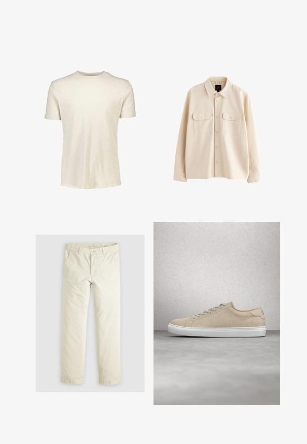 Beige langærmet skjortejakke med krave, forside med knapper og to brystlommer med klapper og knapper.; Kortærmet T-shirt i lyse beige, lavet af blødt bomuld. Har en rund halsudskæring og en glat tekstur uden mønstre eller grafik.; Lys beige løstsiddende bukser med tre lommer, bæltestropper og lige ben. Fremstillet af et blødt bomuldsblandingsstof.; Beige ruskinds sneaker med rund tå, hvid gummisål og matchende snørebånd. Minimalistisk design med subtile syningsdetaljer.
