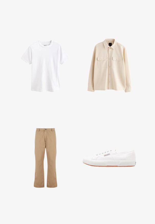 Beige overhemdjas met lange mouwen, kraag, knoopsluiting aan de voorkant en twee borstzakken met klep en knopen.; Effen wit T-shirt met korte mouwen en ronde hals met een zichtbaar merklabel binnenin de kraag.; Beige katoenen broek met een rechte snit, voorzien van een knoopsluiting, zijzakken en een gladde textuur.; Witte canvas sneakers met een rubberen zool, vetersluiting en een klein logolabel aan de zijkant. Gewreven wit bovenwerk en een bruine zool.