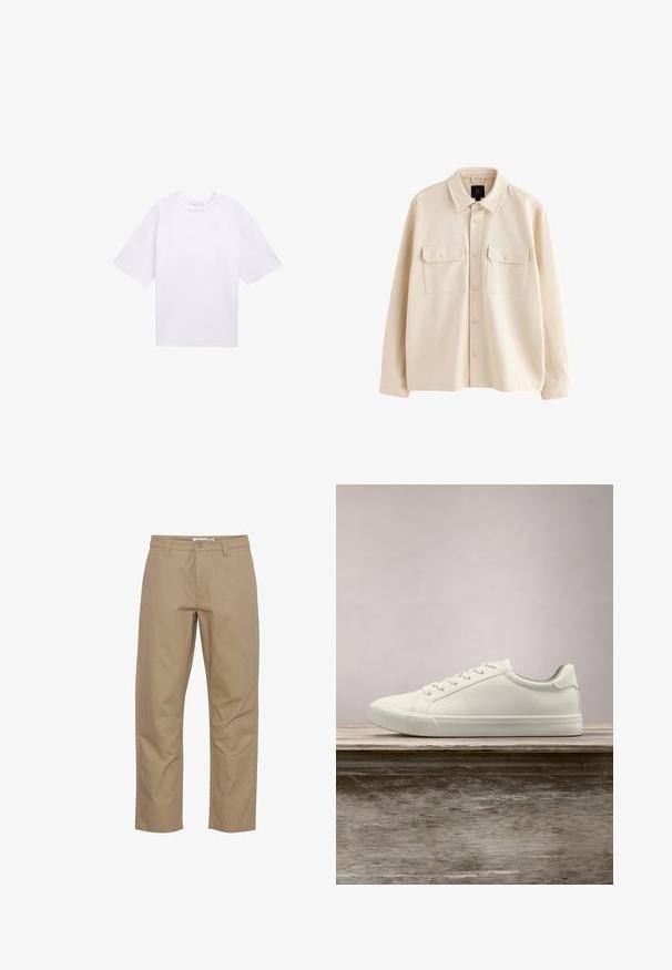 Cazadora camisa beige de manga larga con cuello, cierre de botones y dos bolsillos en el pecho con solapas y botones.; Camiseta blanca de manga corta hecha de algodón. Corte relajado con cuello redondo. Textura suave y sin patrones o acentos visibles.; Pantalones de algodón beige con un diseño de pierna recta, que cuentan con un cierre frontal de botón y cremallera, bolsillos laterales y un acabado limpio.; Zapatilla blanca con cordones flotando sobre un banco de madera con follaje verde al fondo, mostrando el diseño y la textura del zapato.
