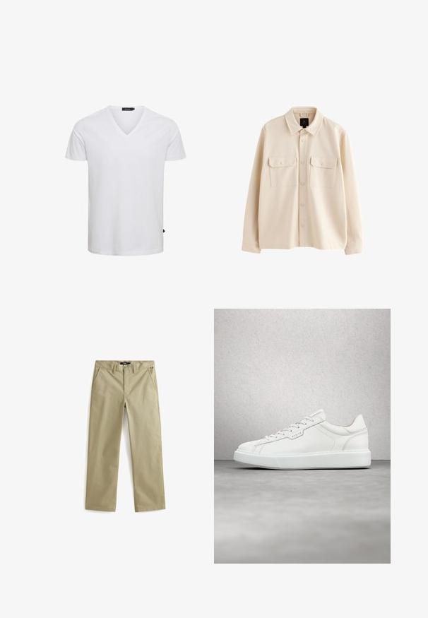 Beige overhemdjas met lange mouwen, kraag, knoopsluiting aan de voorkant en twee borstzakken met klep en knopen.; Witte korte mouwen V-hals T-shirt van katoen, met een regular fit en een klein logo label aan de onderkant links.; Beige katoenen chinos met een rechte pijp, voorzien van twee voorzakken en een klassieke knoopsluiting. Soepele textuur, minimale accenten.; Witte leren sneaker met een ronde neus, platte vetersluiting en een grijze rubberen zool. Kenmerkt zich door subtiele stiksels en een logodetail.