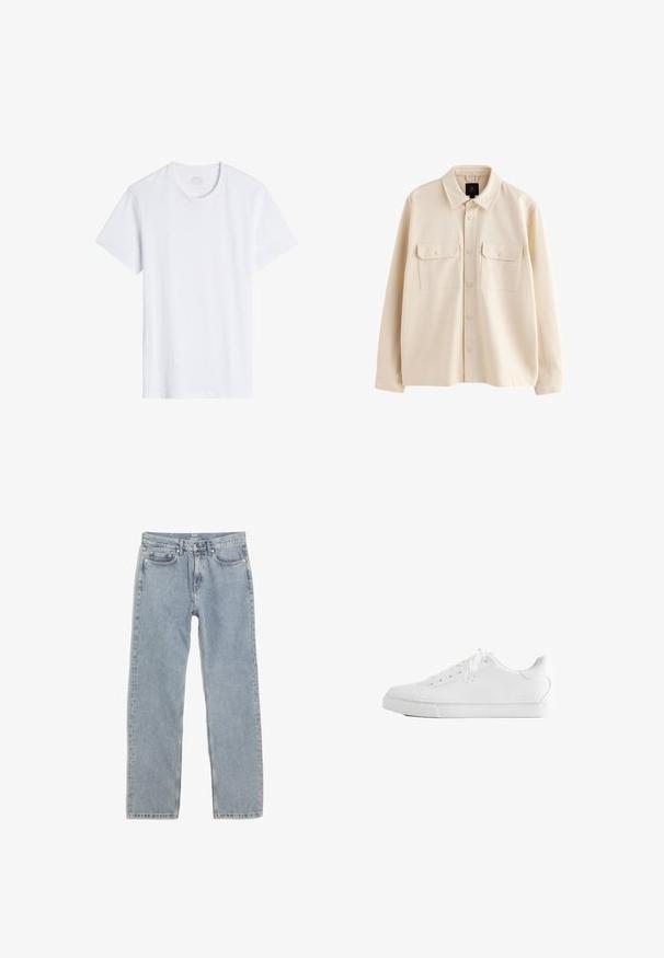 Beige langærmet skjortejakke med krave, forside med knapper og to brystlommer med klapper og knapper.; Hvid, kortærmet t-shirt med rund halsudskæring. Lavet af glat bomuldsstof, den har en afslappet pasform og minimale sømme.; Lysblå lige ben jeans lavet af denim, med fem lommer, gyldne sting og en talje med bæltesløjfer.; Hvid lavtop sneakers med snørebånd, glat læderoverdel og flad gummiå sole set fra siden på en hvid baggrund.
