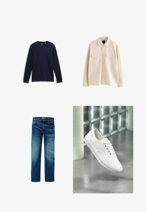 Beige langærmet skjortejakke med krave, forside med knapper og to brystlommer med klapper og knapper.; Marine langærmet T-shirt lavet af blødt bomuld, med rund halsudskæring, syede kanter og et lille broderet logo på brystet.; Blå denim jeans med lige pasform, let falming på lårene, fem-lommers design og knaplukning. Holdbart struktureret stof.; Hvid lavtop lærredssneaker med snørebånd, mærket Tommy Hilfiger, vist svævende over en glat grå gulv nær en væg af glasblokke.
