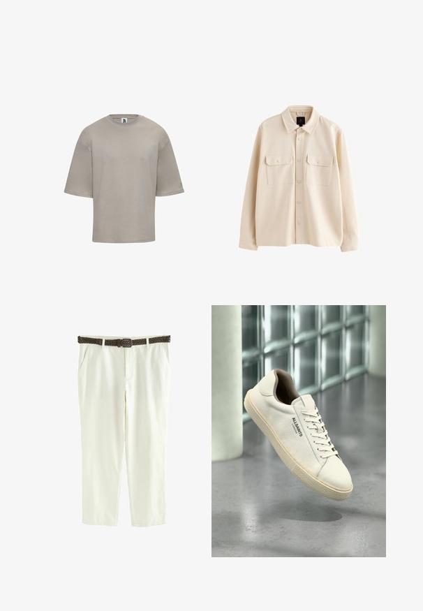 Beige langærmet skjortejakke med krave, forside med knapper og to brystlommer med klapper og knapper.; Kortærmet t-shirt med rund hals i lys beige bomuld. Har en afslappet pasform, glat tekstur og diskret branding på ærmet.; Cremefarvede, letvægts bomuldsbukser med lige skæring og to sidelommer, suppleret med et mørkt fletbælte.; Hvid lærreds-sneaker med beige sål og snørebånd, "AllSaints London" logo på siden, svævende over en grå poleret gulv nær glasblokke.