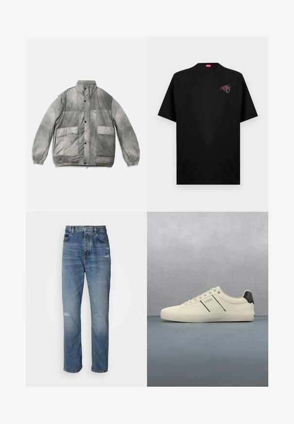 Gewatteerde jas in een gradiëntgrijze tint, met elastische manchetten, twee voorzakken en een geborduurd logopatroon overal.; Zwart Diesel T-shirt met korte mouwen, kleine bloemen- en letter D-afbeelding op de linkerborst en een rood Diesel-label aan de binnenkant van de kraag.; Lichtblauwe denim jeans met een rechte pijpdesign, voorzien van een knoop- en ritssluiting, vijf zakken en verwerkte details nabij de knie.; Crème-kleurige sneakers met een gladde textuur, voorzien van zwarte accenten en branding. Tijdloos vetersysteem met een ronde neus en rubberen zool.