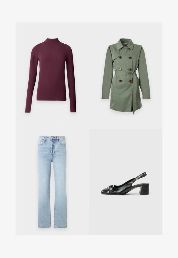 Grøn trenchcoat i stof med dobbeltradet design, brune knapper, bælte i taljen og klassisk krave. Glat tekstur.; Bordeaux langærmet turtleneck skjorte lavet af glat, strækbart stof. Tætsiddende design med høj hals og ingen synlige sømme.; Lys blå denim jeans med lige ben-design, featuring høj talje, klassisk fem-pockets stil, og subtil falmning.; Sorte læder slingback hæl med spids tå, tekstureret rem med cirkulære metalliske accenter, og en stablet blokhæl.