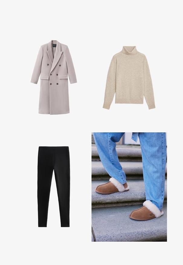 Lysegrå dobbeltradet frakke lavet af blødt stof, med en hakket krave, to forlommer og mørke knapper til lukning.; Beige rullekrave sweater lavet af blødt stof, med ribbestrikket krave og manchetter, i en afslappet pasform og uden synlige mønstre.; Sorte leggings lavet af strækbart stof, med en tætsiddende design uden synlige sømme eller lommer, velegnet til forskellige aktiviteter.; Brune ruskind tøfler med hvid faux pelsforing, rund tå og gummisål, parret med blå denim jeans på granittrapper.