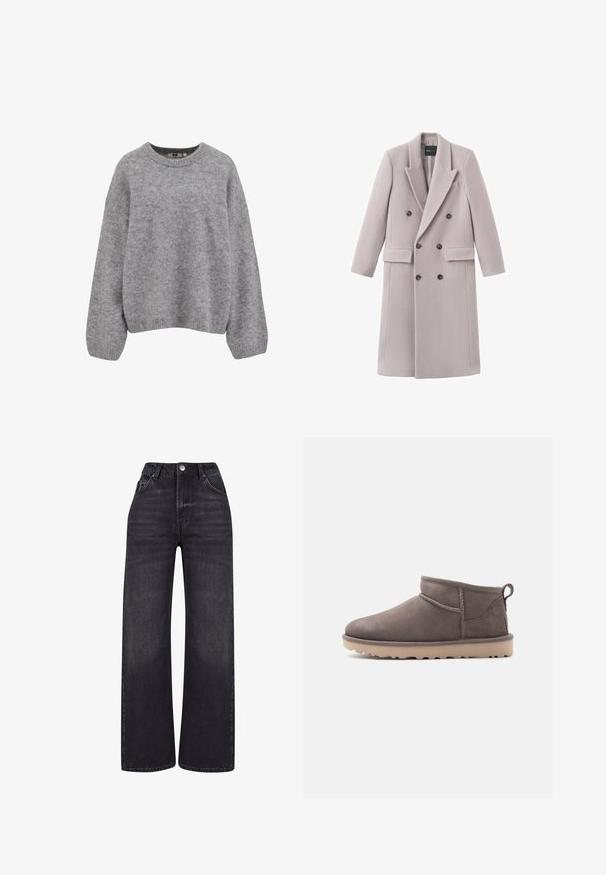 Lysegrå dobbeltradet frakke lavet af blødt stof, med en hakket krave, to forlommer og mørke knapper til lukning.; Blød lysegrå strikket sweater med lange ærmer og ribbede manchetter, kant og rund halsudskæring.; 2Y Studios NAYA BASIC LIGHT - Wide leg - washed black; Lav brun ruskindssko med lav ankelhøjde, slidstærk sål og træksnor på en ensartet baggrund.