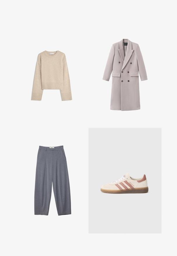 Manteau gris clair à double boutonnage en tissu doux, avec un col à revers, deux poches avant et des boutons foncés pour la fermeture.; Pull en beige court en tricot doux. Présente un col rond, des manches longues et des bords-côtes aux poignets et à l'ourlet pour une texture supplémentaire.; Stradivarius SMART BAGGY WITH SEAM DETAIL - Pantalon classique - grey; Baskets en daim beige avec des accents roses, trois bandes roses, des lacets blancs et une semelle en gomme transparente. Marque "Spezial" sur le côté.