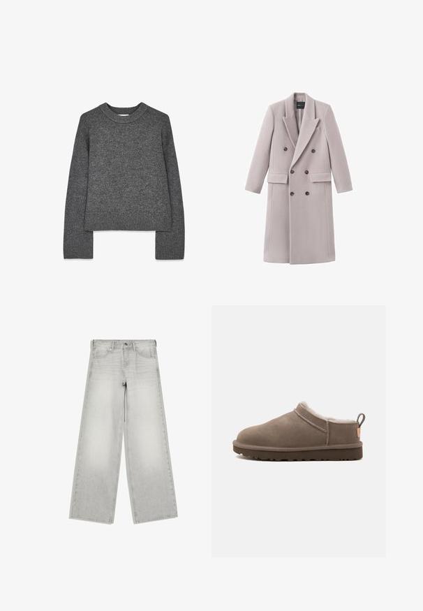 Lysegrå dobbeltradet frakke lavet af blødt stof, med en hakket krave, to forlommer og mørke knapper til lukning.; Grå strikket sweater med lange ærmer, rund hals, ribbede manchetter og kant. Blød tekstur med et let cropped design.; Lysegrå jeans med vide ben, knap- og lynlås-lukning, forlommer og bæltestropper, vist fladt på en hvid baggrund.; Lavskåret taupe ruskindstofle med hvid fleeceforing, mørk gummisål og trækflig ved hælen, vist fra siden på hvid baggrund.