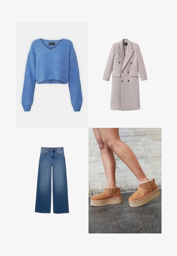 Manteau gris clair à double boutonnage en tissu doux, avec un col à revers, deux poches avant et des boutons foncés pour la fermeture.; Pull cropped bleu avec un décolleté en V, texture côtelée et manches longues. Fabriqué dans un matériau doux. Étiquette : even&odd.; Jean en denim à jambes larges, de couleur bleu moyen, avec une taille haute, un design à cinq poches et des détails cousus le long des coutures.; Bottines en suède marron avec une doublure en peluche, semelle épaisse en beige et une poignée à l'arrière. Surface texturée avec des détails de couture visibles.