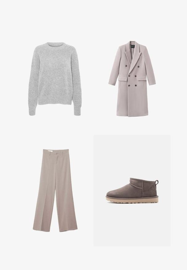 Manteau gris clair à double boutonnage en tissu doux, avec un col à revers, deux poches avant et des boutons foncés pour la fermeture.; Pull en maille gris avec des manches longues, un col rond, des bords-côtes aux poignets et à l'ourlet, présentant une texture douce et une coupe décontractée.; Pantalon large beige avec devant plat, deux poches avant, fermeture par bouton, et une finition de tissu lisse légèrement texturé.; Chaussure basse en daim marron, modèle slip-on, avec semelle texturée et languette d'aide au chaussage, sur un fond uni.