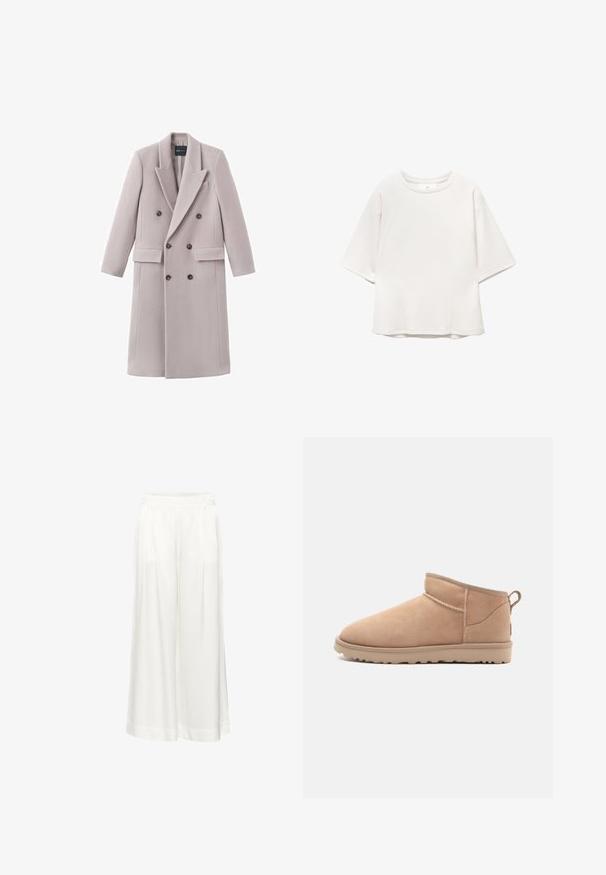 Manteau gris clair à double boutonnage en tissu doux, avec un col à revers, deux poches avant et des boutons foncés pour la fermeture.; T-shirt blanc à manches courtes, col rond, avec des manches raglan et des détails de couture discrets sur le devant et les épaules, posé à plat sur un fond blanc.; Un pantalon blanc à jambes larges avec des plis, fabriqué dans un tissu léger. Il présente une taille plate et des ourlets retournés. Texture lisse, sans motifs.; Botte de cheville en daim beige avec un bout arrondi, une texture douce, un design simple et une semelle en caoutchouc à profil bas. Dispose d'une languette à l'arrière.