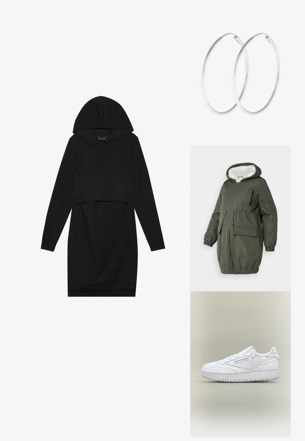Olive roheline parka voodriga kapuutsiga, täispika tõmblukuga, elastsete mansettide ja mitmete taskutega. Valmistatud siledast, veekindlast kangast.; Must mustriga kleit, millel on kapuuts, pikad varrukad ja lühendatud disain. Valmistatud pehmest kangast, millel on sile tekstuur ja soonikkoes mansetid.; Valged madala lõikega Reeboki tennised, paelaga kinnitusega, perforatsiooniga varbasaal, bränditud külgpaneel ja paks tald neutraalsel taustal.; Hõbedaste tooni rõngaste kõrvarõngad, millel on sile, ümar kuju ja poleeritud viimistlus. Mõlemad kõrvarõngad on sama suurusega ning neil on kindel sulgemismehhanism.
