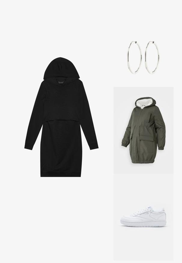 Olivengrøn parka med foret hætte, hel lynlås, elastiske håndled og flere lommer. Fremstillet af glat, vandafvisende stof.; Sort pullover kjole med hætte, lange ærmer og cropped design. Fremstillet af blødt stof med en glat tekstur og ribbede manchetter.; Hvide læder lavtop sneakers med perforeret tå, snørebåndsdesign, polstret krave og tyk gummisål. Let branding på siderne.; Par sølvfarvede ovale hoop øreringe med en let ujævn, bølget form og hængsel-låse på hvid baggrund.