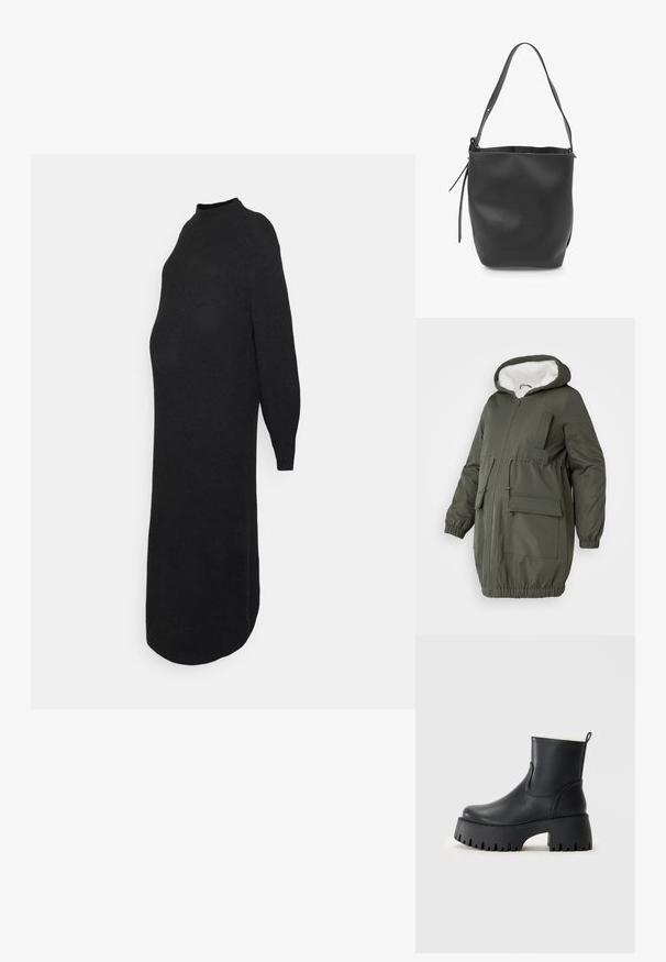 Olijfgroene parka met gevoerde capuchon, volledige rits, elastische manchetten en meerdere zakken. Gemaakt van gladde, waterafstotende stof.; ONLY MATERNITY OLMLUCCA DRESS - Gebreide jurk - black; Zwarte enkellaarzen van soepel leer met een dikke, geribbelde rubberen zool. Voorzien van een ronde neus en een stoffen voering aan de bovenrand.; Zwarte leren emmer tas met een gestructureerd oppervlak, een enkele schouderriem en een open ontwerp. Voorzien van een trekkoordsluiting.
