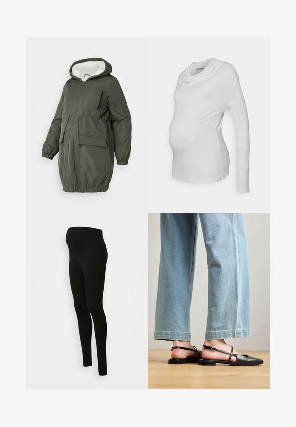 Olivengrøn parka med foret hætte, hel lynlås, elastiske håndled og flere lommer. Fremstillet af glat, vandafvisende stof.; Hvid langærmet graviditetsbluse med en cowl-udskæring, lavet af blødt, strækbart stof; tætsiddende design fremhæver en babybu.; Sorte graviditetsleggings med en høj, støttende talje, glat tekstur, tætsiddende design og ingen synlige mønstre eller udsmykninger.; Sorte læder slingback-sko med spidse tæer, flad hæl og ankelrem; båret med lyseblå viddebenede jeans.