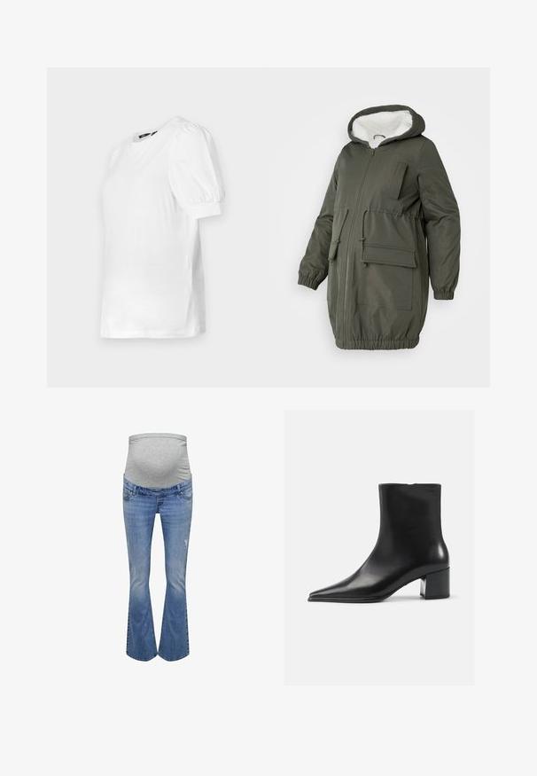 Olivengrøn parka med foret hætte, hel lynlås, elastiske håndled og flere lommer. Fremstillet af glat, vandafvisende stof.; Hvid kortærmet t-shirt med rund halsudskæring og puffede ærmer, lavet af blødt stof, med lige nederkant og sideslids.; Graviditetsbukser i lyseblå denim med en grå strækbæltedel. Udvidet design med slidte detaljer foran.; Sort læder ankelstøvle med spidse tæer, glat tekstur og mellemhøj blokhæl. Minimalistisk design, lynlås lukning bagpå.