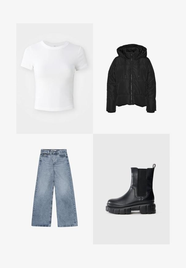 Schwarze Pufferjacke mit Kapuze, ausgestattet mit einem frontalen Reißverschluss, elastischen Bündchen und Seitentaschen; glatte Textur mit gestepptem Design.; Weißes, kurzärmeliges, cropped T-Shirt mit Rundhalsausschnitt, auf einem neutralen, hellen Hintergrund präsentiert.; Hellblaue, weitgeschnittene Jeans aus Denim mit fünf Taschen, Knopfverschluss und gebrandetem Aufnäher an der kleinen vorderen Tasche.; Schwarze Chelsea-Stiefel aus Leder mit robuster Profilsohle, elastischen Seitenteilen und Zugschlaufe hinten vor einem schlichten weißen Hintergrund.