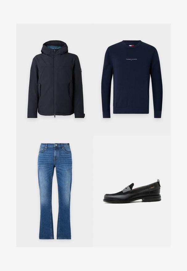 Chaqueta negra impermeable con capucha, cierre de cremallera, bolsillos laterales y una textura suave con un sutil detalle en los hombros.; Suéter pullover azul marino con cuello redondo, puños y dobladillo acanalados. Presenta el logotipo "TOMMY JEANS" en blanco en el pecho. Textura de punto suave.; Vaqueros acampanados de mezclilla en azul medio. Presentan un diseño de cinco bolsillos, detalles cosidos, un cierre de botón y una textura ligeramente desgastada en las piernas.; Mocasín de cuero negro con detalle de tira gris, tacón bajo y suela texturizada, con la marca "HUGO" en oro en el lateral.