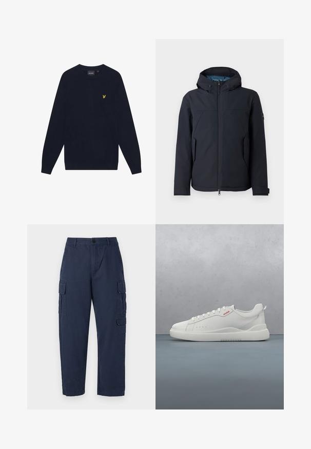 Zwarte waterdichte jas met een capuchon, ritssluiting, zijzakken en een soepele textuur met subtiele details op de schouders.; Marineblauwe lange mouwen crewneck sweater met een klein geel geborduurd adelaarslogo op de linker borst.; Marine cargobroek gemaakt van katoen. Beschikt over twee zijzakken, een knoopsluiting en een recht model. Glad textuur en casual pasvorm.; Witte sneaker met een gladde leren afwerking, ronde neus, vier veterogen, subtiele perforaties en een rood logo detail aan de zijkant.