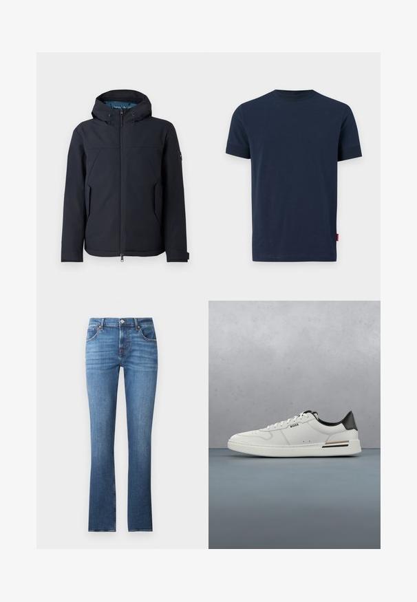 Schwarze wasserdichte Jacke mit Kapuze, Reißverschluss, Seitentaschen und einer glatten Textur mit dezenten Details auf den Schultern.; Navyblaue Baumwoll-T-Shirt mit kurzen Ärmeln, Rundhalsausschnitt und einem kleinen roten Etikett-Akzent am unteren linken Saum. Weiche Textur, schlichtes Design.; Blaue Jeans aus Denim mit geradem Bein, leicht ausgebleicht, fünf Taschen und Metallbeschlägen. Der Bund ist mit Gürtelschlaufen ausgestattet.; Weißer Sneaker mit niedrigem Schnitt und schwarzer Ferse, Schnürverschluss, dezenten Perforationen und "BOSS"-Logo an der Seite, gezeigt von der äußeren Seitenansicht.