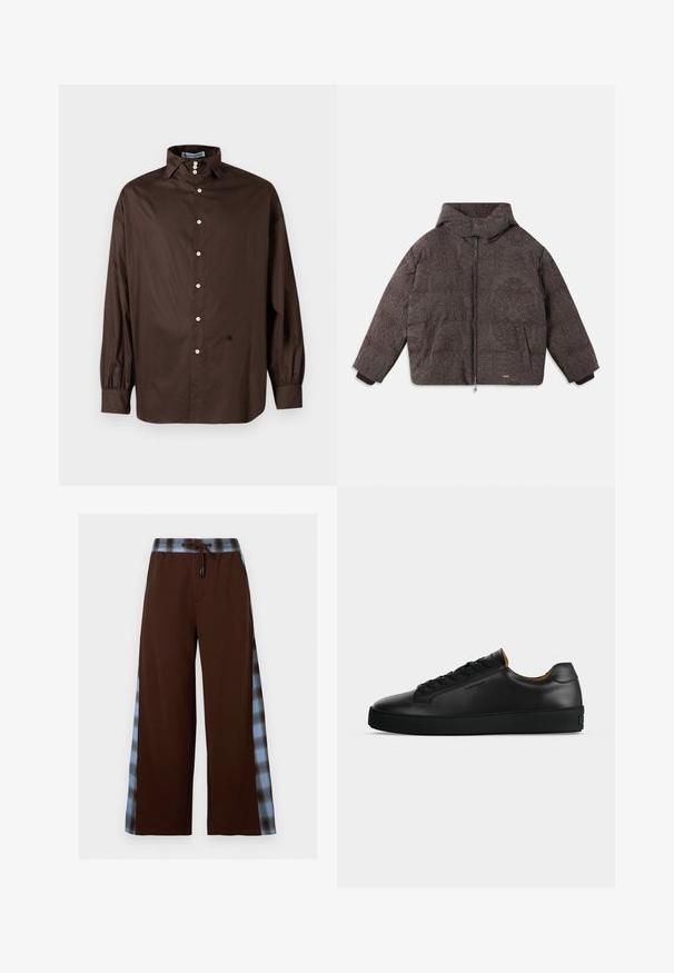 Chaqueta acolchada de tela marrón oscuro con un patrón en relieve. Dispone de cremallera frontal, capucha y puños elásticos. Diseño minimalista con dos bolsillos frontales.; Camisa de manga larga marrón en una tela suave con un cuello clásico, cierre frontal de botones y puños elastizados; presenta un detalle de logo sutil.; Pantalones marrones de pierna ancha con rayas laterales a cuadros en azul y negro y cintura con cordón.; Zapatilla negra de piel de corte bajo con cordones negros, suela de goma texturizada y pequeño logo en relieve en el lateral, mostrada de perfil sobre fondo gris.
