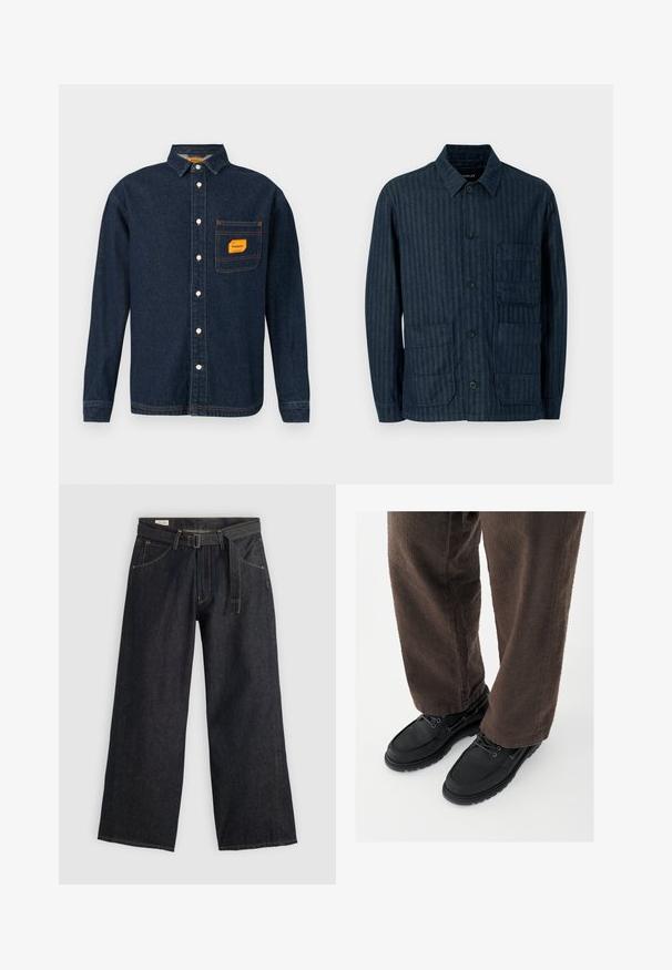 Dunkelblaue, langärmelige Jacke mit Knöpfen, vertikalen Streifen, drei Vordertaschen und klassischem Kragen vor einfachem Hintergrund.; Dunkelblaue Denim-Hemd mit Button-Down-Kragen, orangefarbener Etikett auf der Brusttasche und weißen Knöpfen. Weiche Textur mit Kontrastnähte.; Dunkelblaue Denim-Hosen mit weitem Bein und einem taillierten Gürtel, ausgestattet mit Vordertaschen und kontrastierender Naht. Glatte Textur mit einem schlichten Design.; Schwarze Lederschuhe mit glatter Oberfläche, abgerundeter Spitze und Schnürdesign, kombiniert mit strukturierten braunen Hosen. Bodennahaufnahme.