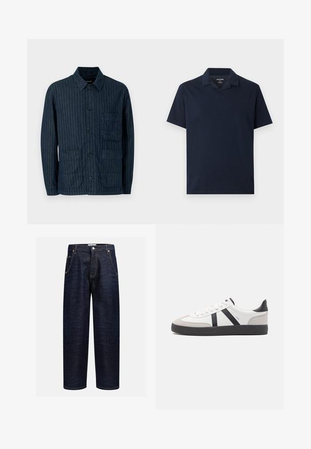 Veste bleu marine à manches longues avec boutons, rayures verticales, trois poches avant et un col classique sur un fond uni.; Polo bleu marine à manches courtes avec col, encolure en V dégagée et tissu de poids moyen, étalé à plat sur un fond gris clair.; Jeans en denim foncé avec une coupe droite, dotés de cinq poches, de rivets en cuivre et de coutures contrastantes le long des coutures.; Baskets blanches avec des accents noirs et gris, présentant un embout texturé gris, une semelle en caoutchouc noir et des lacets plats blancs. Design épuré, style minimaliste.