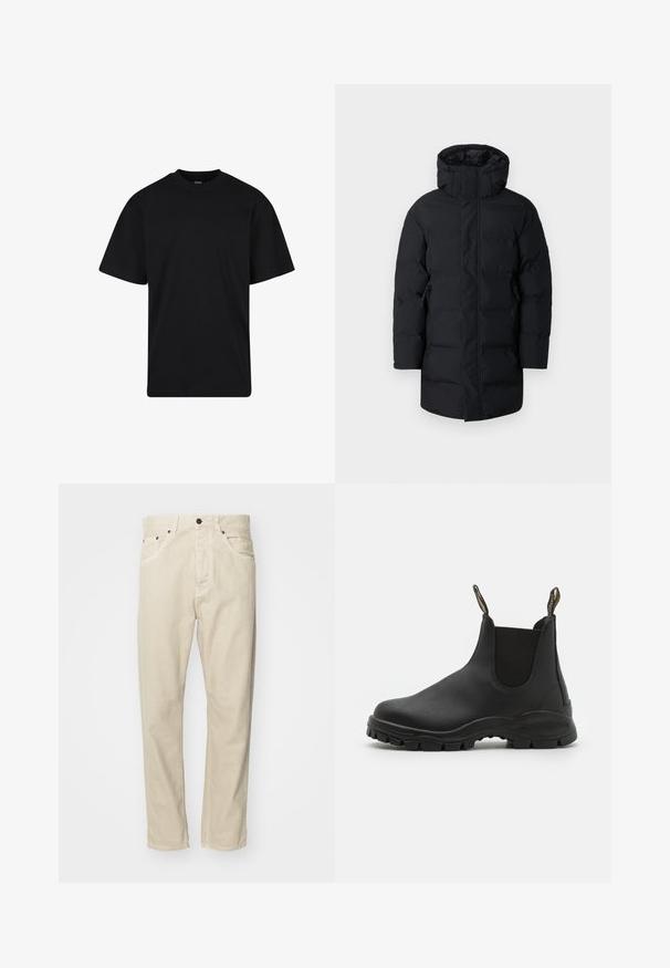 Abrigo de invierno acolchado negro con cuello alto, capucha, mangas largas y bolsillos laterales con cremallera, mostrado sobre un fondo blanco.; Camiseta negra de manga corta con cuello redondo, corte holgado, diseño liso y sin logotipos ni patrones visibles.; Pantalones de algodón beige con diseño de pierna recta, cinco bolsillos y acentos de metal. Textura suave con detalles de costura mínimos.; Botas negras hasta el tobillo hechas de goma suave, con paneles laterales elásticos, una suela texturizada para mayor agarre y lengüetas en la parte trasera para facilitar su colocación.