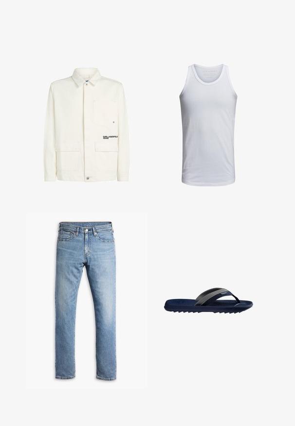 Hvid skjortejakke med krave, tre forlommer og "Karl Lagerfeld Jeans"-logo trykt på det højre forlommeområde.; Hvid bomulds tank top med rund halsudskæring, brede skulderstropper og minimal branding trykt indeni kraven. Blød tekstur, afslappet pasform.; Lyseblå denim jeans med straight-leg design, fem lommer, kontrasterende syninger og en knap- og lynlåslukning i taljen.; Marineblå flip-flop sandal med tekstureret fodseng, grå og sorte remme og rillede såler, vist fra siden på hvid baggrund.