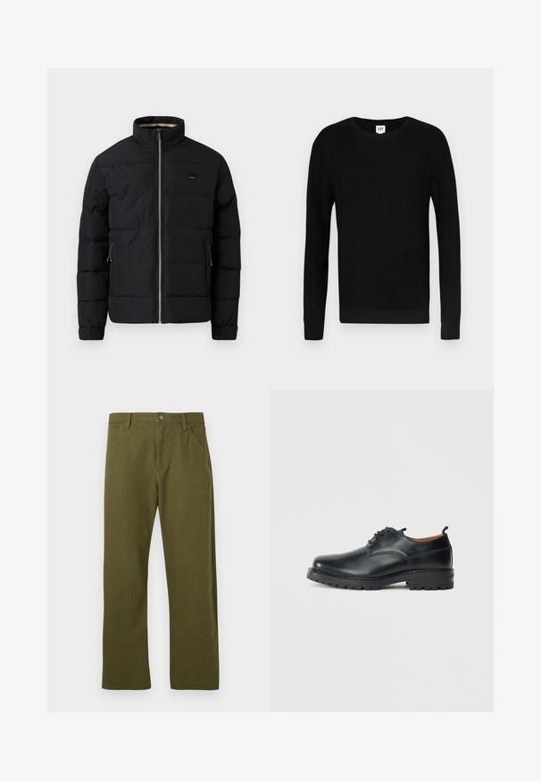 Sort quiltet pufferjakke med høj krave, frontlynlås, lynlåslommer på siden og justerbare manchetter.; Sort sweater med ribbet tekstur, rund hals og lange ærmer. Har et ensfarvet design og smalle manchetter ved ærmer og talje.; Grønne bomuldsbukser med lige snit, featuring en frontlomme-design, metalknaplukning og diskrete syninger.; Sorte læder derby-sko med en glat overflade, rund tå, snøre-design og en tyk, robust gummisål.