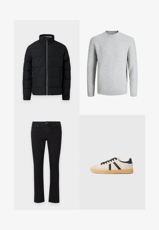 Veste matelassée noire avec col haut, fermeture éclair à l'avant, poches latérales zippées et poignets ajustables.; Pull gris clair en maille avec motif losange, col rond, poignets et ourlet côtelés, manches longues, adapté par temps froid.; Jean en denim noir avec une coupe droite, design à cinq poches, fermeture à bouton en métal et détails de couture minimalistes. Texture lisse sur l'ensemble.; Baskets décontractées en crème avec des rayures noires, présentant un dessus texturé et une semelle en caoutchouc. Les lacets sont noirs. Logo discret sur le côté.