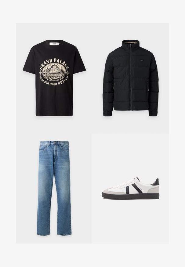 Chaqueta acolchada negra con cuello alto, cierre frontal, bolsillos laterales con cremallera y puños ajustables.; Camiseta de algodón negra con un estampado gráfico en beige de una montaña y texto que dice "Grand Palace Replay Belle Epoque Hotel". Diseño sencillo de cuello redondo.; Vaqueros de mezclilla azul de corte recto con botón y cremallera delanteros, bolsillos delanteros y traseros, mostrados sobre un fondo claro y sencillo.; Zapatilla blanca con acentos en negro y gris, que presenta una puntera texturizada en gris, suela de goma negra y cordones planos blancos. Diseño limpio, estilo minimalista.