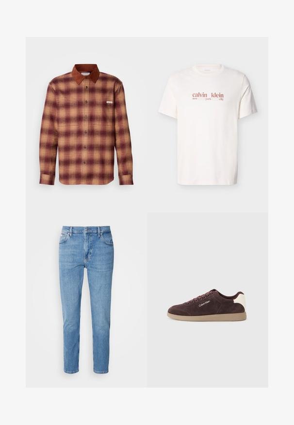 Camisa de cuadros en tonos rojos y beige, con un cuello de ante marrón, cierre frontal con botones y mangas largas con puños abotonados.; Camiseta blanca de algodón con texto rojo que dice "calvin klein new york city." Mangas cortas y cuello redondo.; Vaqueros de mezclilla azul claro con corte recto, diseño de cinco bolsillos y un sutil desgastado. Presentan un cierre de botón y pasadores para cinturón.; Zapatillas de ante marrón con un acento en el talón de color beige claro, presentan un logotipo blanco en el lateral, punta redonda y suela de goma beige.