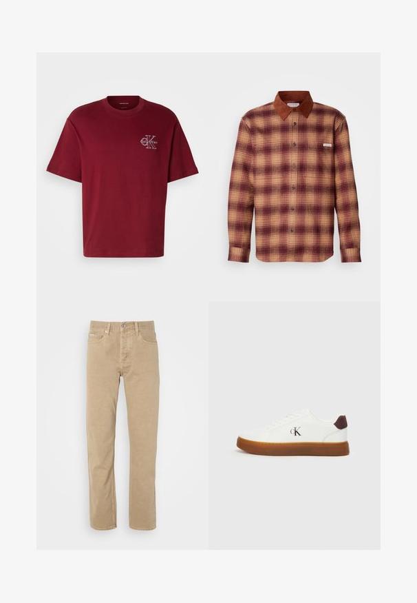 Kariertes Hemd in Rot- und Beigetönen, mit einem braunen Wildlederkragen, Knopfleiste und langen Ärmeln mit geknöpften Manschetten.; Bordeauxfarbendes Baumwoll-T-Shirt mit einer lockeren Passform, kurzen Ärmeln und einem weißen Logo-Detail auf der Vorderseite. Verfügt über einen Rundhalsausschnitt und eine glatte Textur.; Beige Baumwollhose mit geradem Bein, ausgestattet mit Fronttaschen, einem Knopfverschluss und dezenten Nähten entlang der Säume.; Weiße Sneaker mit einer Gummisohle, flachen Schnürsenkeln und einem braunen Wildleder-Heel-Akzent. Mit einem dezenten, geprägten "cK"-Logo an der Seite.