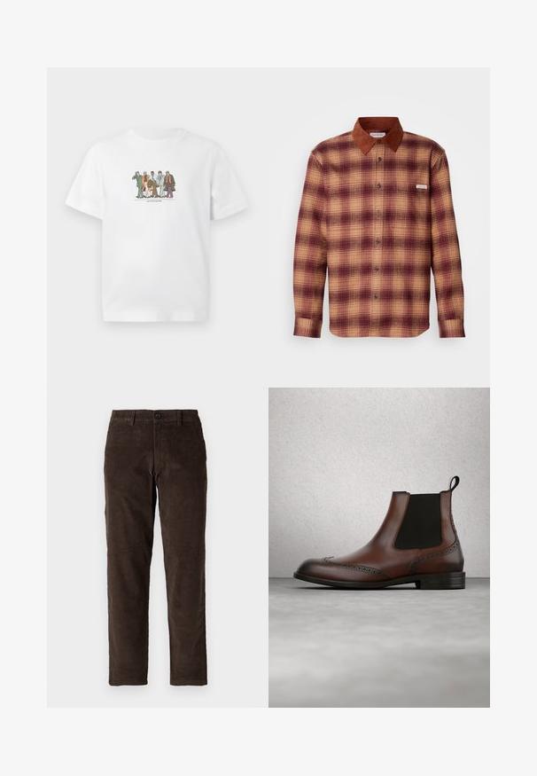 Skjorte med tern i nuancer af rød og beige, med en krave i brunt ruskind, knaplukning foran og lange ærmer med knapmanchetter.; Hvid T-shirt med illustration af fem forskellige mænd i jakkesæt, der går selvsikkert side om side, mens de holder på aktetasker og telefoner.; Brune fløjl bukser med lige ben design, der har en frontlukning med knap og standard bæltestropper. Glat tekstur og klassisk snit.; Brun læder Chelsea-støvle med sorte elastiske sidepaneler og dekorative perforeringer, svævende over en poleret betongulv.