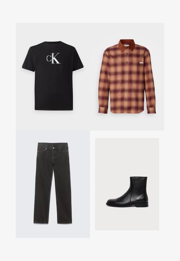 Geruite shirt in tinten van rood en beige, met een bruine suède kraag, knopen aan de voorkant en lange mouwen met knoopmanchetten.; Zwarte katoenen t-shirt met een zilveren "ck" logo aan de voorkant. Korte mouwen en een ronde halslijn met een normale pasvorm.; Zwarte denim jeans met rechte pijpen, voorzakken, riemlussen en knoopsluiting, plat gelegd op een grijze achtergrond.; Zwarte gladde lederen enkellaars met lage hak en zijrits, gelabeld Hugo vlak bij de bovenrand.